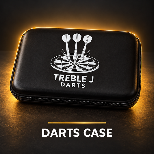 Treble J Darts black zipped case with white logo and gold studio lighting